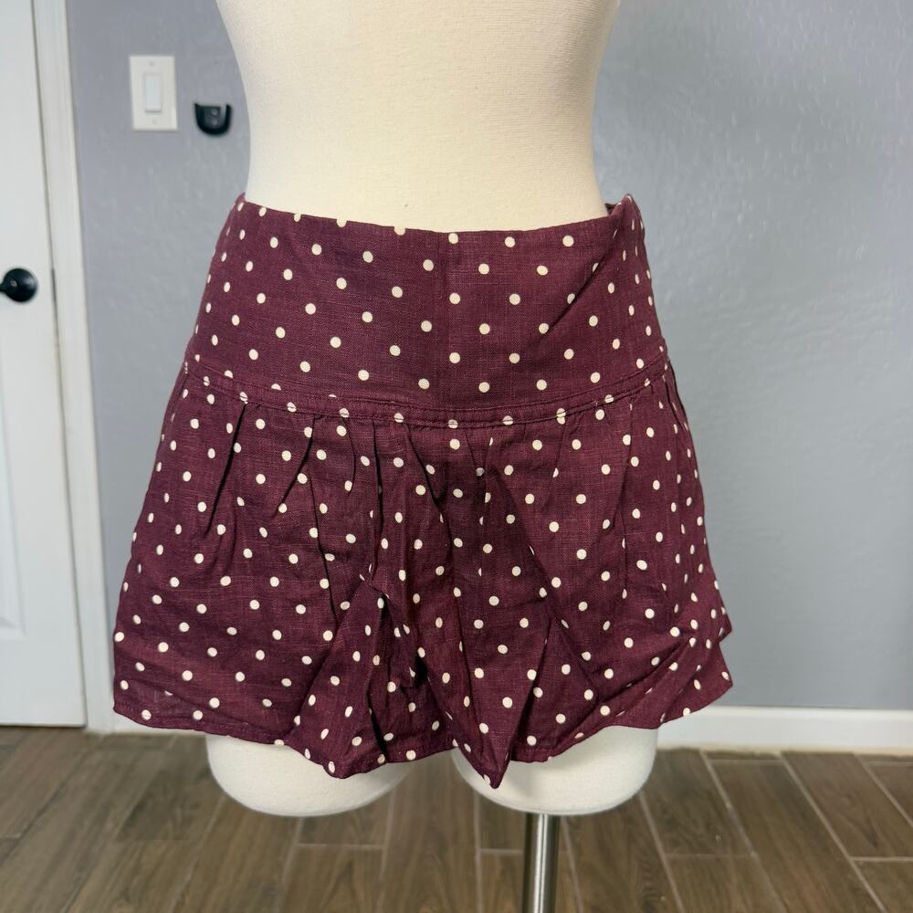Princess Polly Tovie Frill Linen Blend Skort Plum Polka, US 12